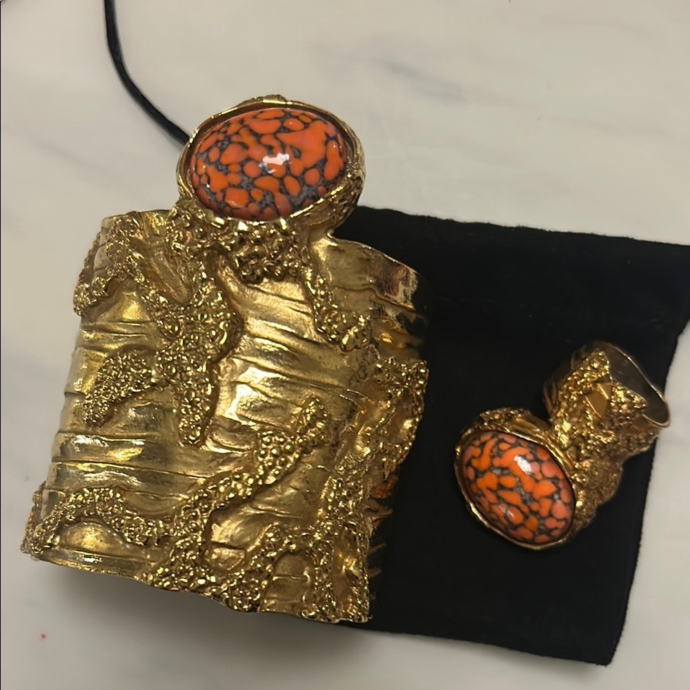 Gold Textured Cuff and Ring Set with Orange Stone